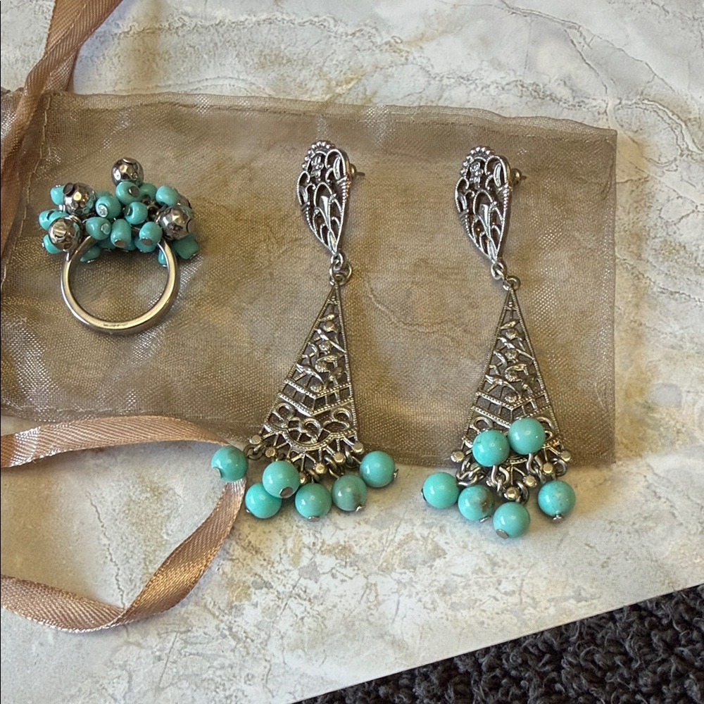 Elegant Silver and Turquoise Jewelry Set Size 7 ring